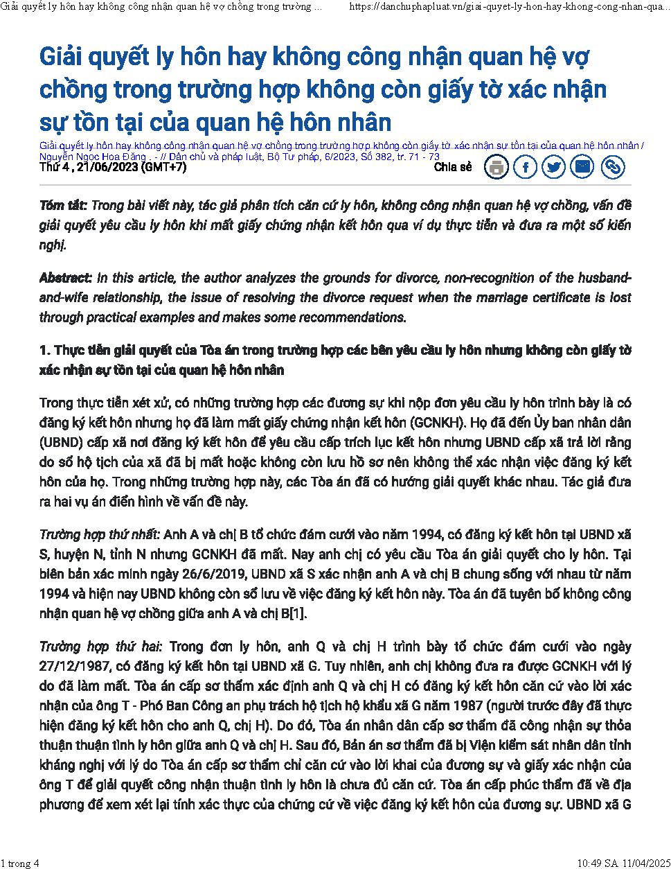 Giải quyết ly hôn hay không công nhận quan hệ vợ chồng trong trường hợp không còn giấy tờ xác nhận sự tồn tại của quan hệ hôn nhân