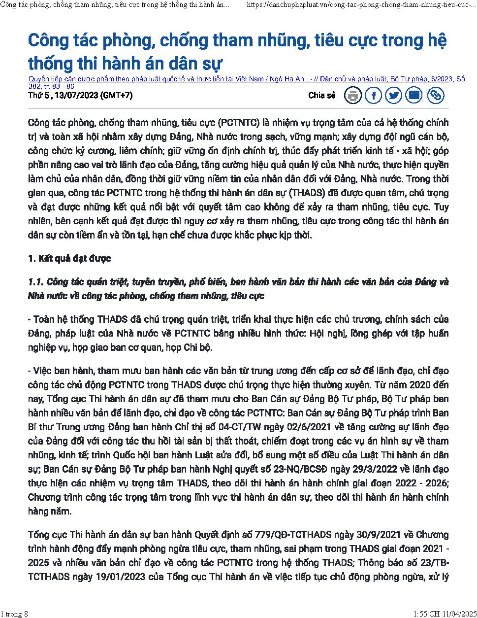Công tác phòng, chống tham nhũng, tiêu cực trong hệ thống thi hành án dân sự