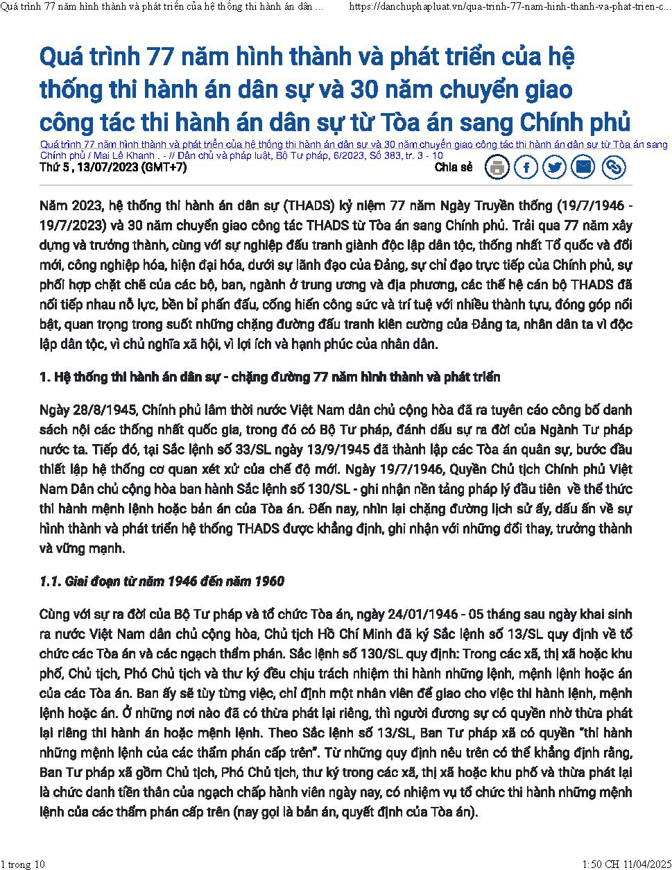 Quá trình 77 năm hình thành và phát triển của hệ thống thi hành án dân sự và 30 năm chuyển giao công tác thi hành án dân sự từ Tòa án sang Chính phủ