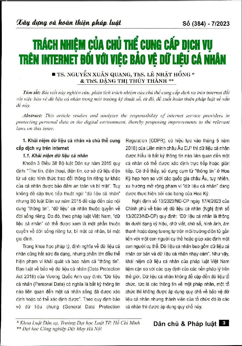 Trách nhiệm của chủ thể cung cấp dịch vụ trên internet đối với việc bảo vệ dữ liệu cá nhân