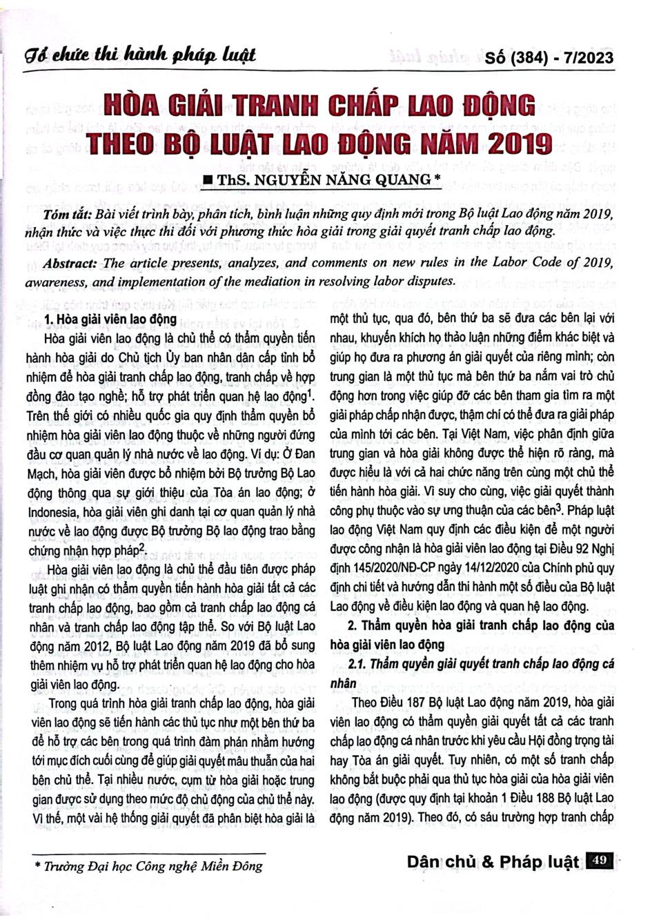 Hòa giải tranh chấp lao động theo Bộ luật Lao động năm 2019