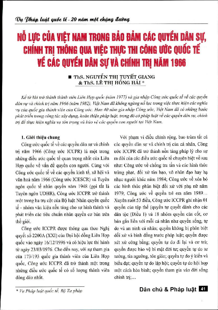Nỗ lực của Việt Nam trong bảo đảm các quyền dân sự, chính trị thông qua việc thực thi Công ước quốc tế về các quyền dân sự và chính trị năm 1966