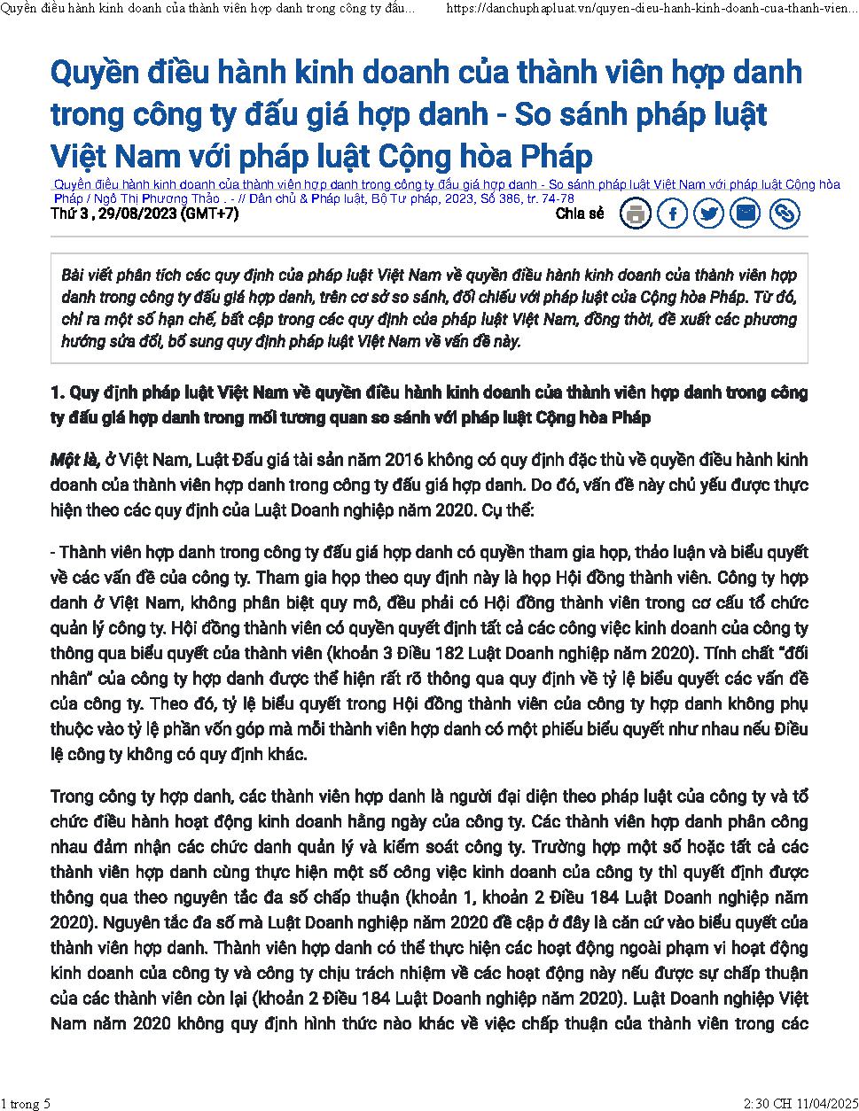 Quyền điều hành kinh doanh của thành viên hợp danh trong công ty đấu giá hợp danh - So sánh pháp luật Việt Nam với pháp luật Cộng hòa Pháp