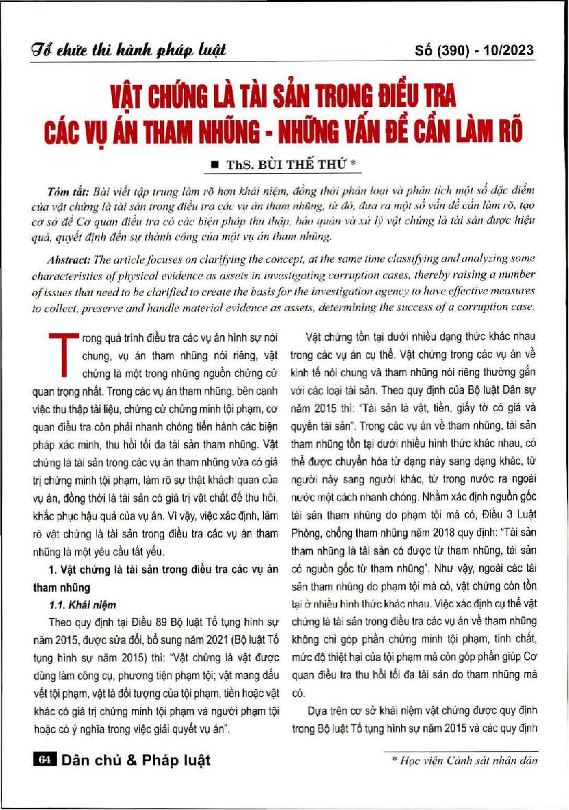 Vật chứng là tài sản trong điều tra các vụ án tham nhũng - Những vấn đề cần làm rõ