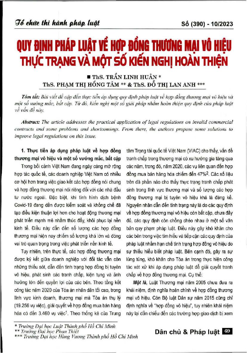 Quy định pháp luật về hợp đồng thương mại vô hiệu - Thực trạng và một số kiến nghị hoàn thiện