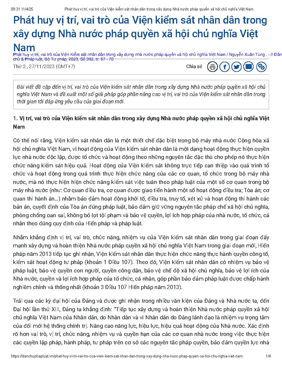 Phát huy vị trí, vai trò của Viện Kiểm sát nhân dân trong xây dựng nhà nước pháp quyền xã hội chủ nghĩa Việt Nam