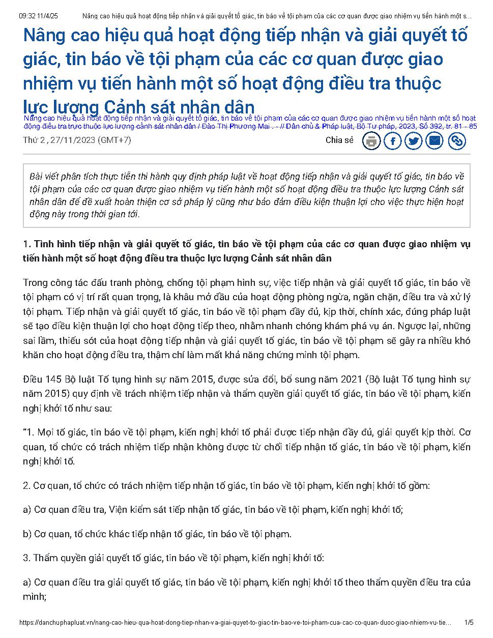 Nâng cao hiệu quả hoạt động tiếp nhận và giải quyết tố giác, tin báo về tội phạm của các cơ quan được giao nhiệm vụ tiến hành một số hoạt động điều tra trực thuộc lực lượng cảnh sát nhân dân