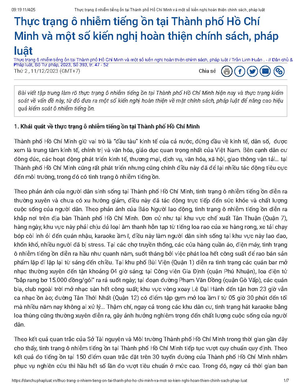 Thực trạng ô nhiễm tiếng ồn tại Thành phố Hồ Chí Minh và một số kiến nghị hoàn thiện chính sách, pháp luật