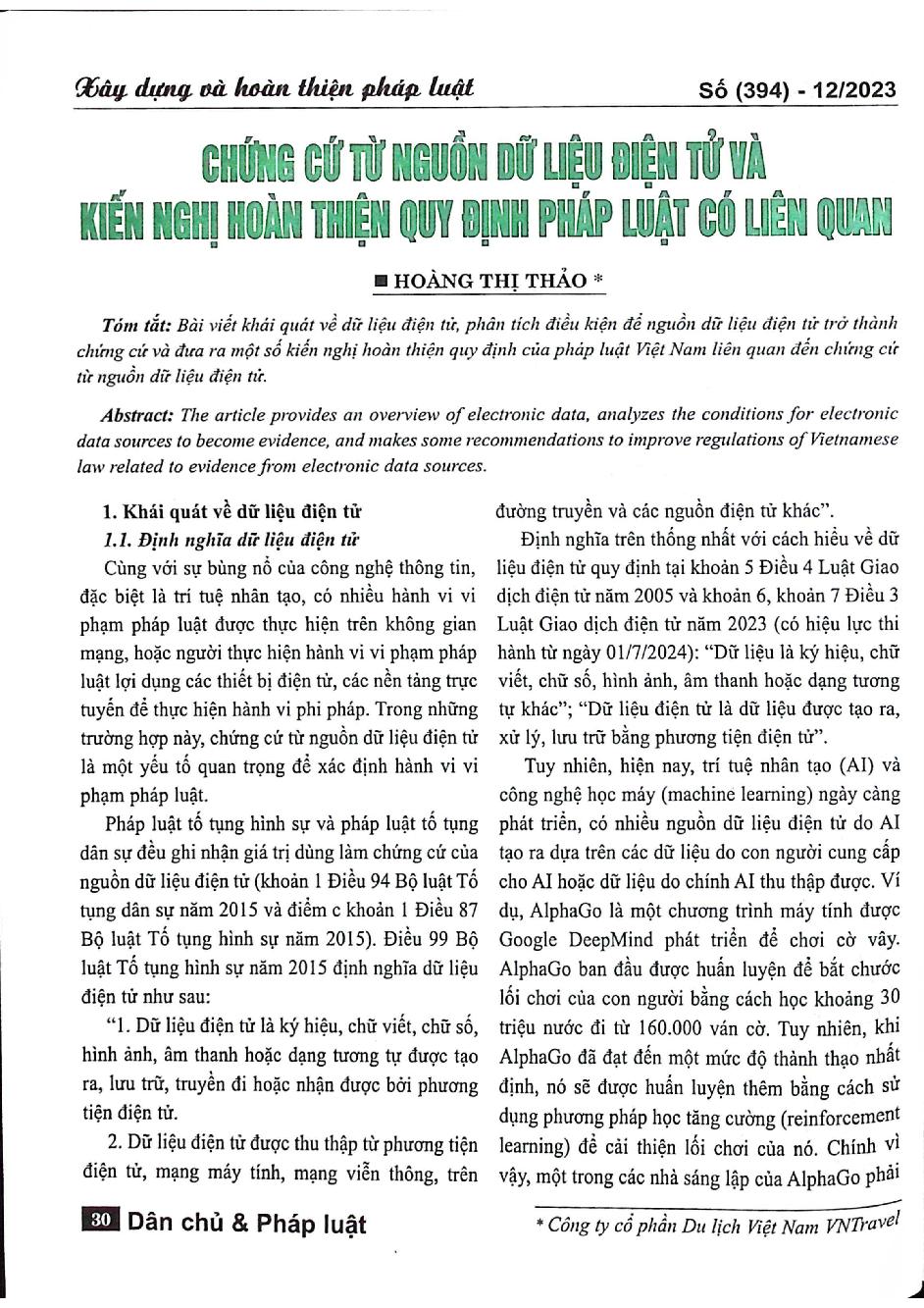 Chứng cứ từ nguồn dữ liệu điện tử và kiến nghị hoàn thiện quy định pháp luật có liên quan / Hoàng Thị Thảo