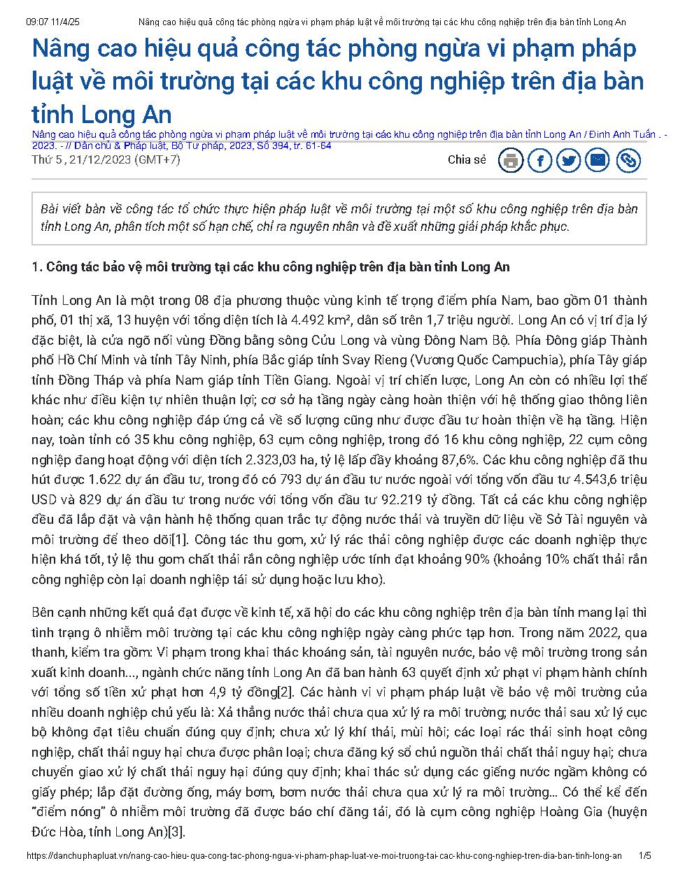 Nâng cao hiệu quả công tác phòng ngừa vi phạm pháp luật về môi trường tại các khu công nghiệp trên địa bàn tỉnh Long An / Đinh Anh Tuấn