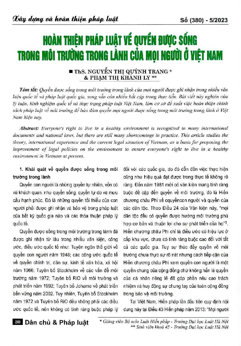 Hoàn thiện pháp luật về quyền được sống trong môi trường trong lành của mọi người ở Việt Nam