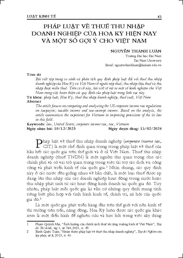 Pháp luật về thuế thu nhập doanh nghiệp của Hoa Kỳ hiện nay và một số gợi ý cho Việt Nam