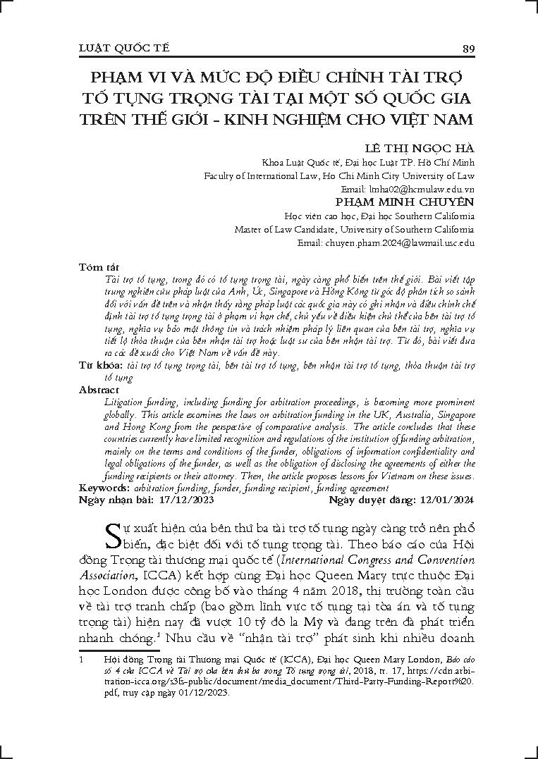 Phạm vi và mức độ điều chỉnh tài trợ tố tụng trọng tài tại một số quốc gia trên thế giới - Kinh nghiệm cho Việt Nam