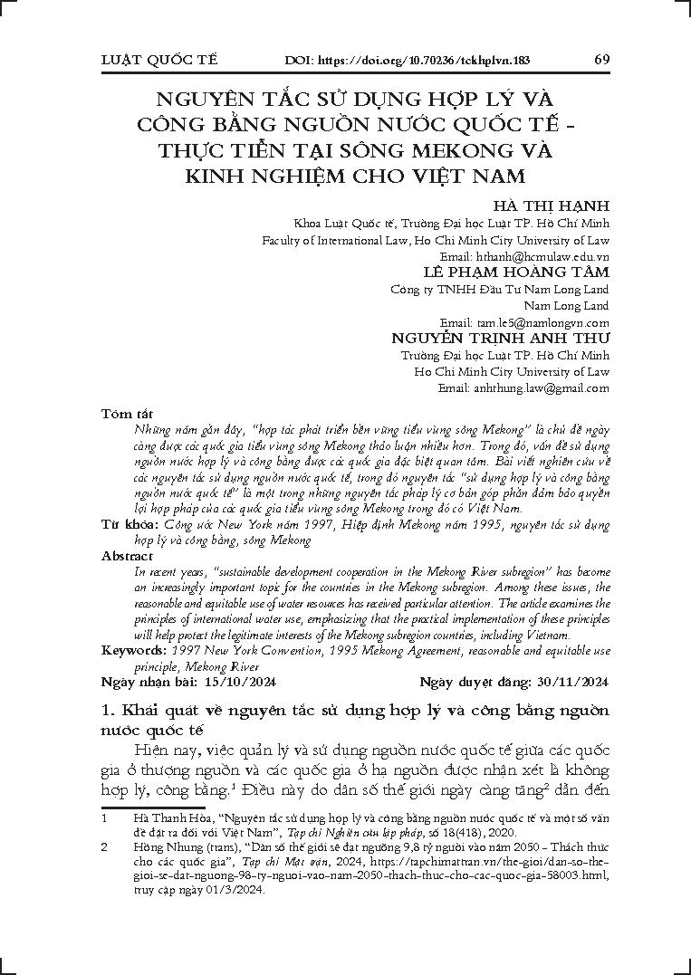 Nguyên tắc sử dụng hợp lý và công bằng nguồn nước quốc tế - Thực tiễn tại sông Mekong và kinh nghiệm cho Việt Nam
