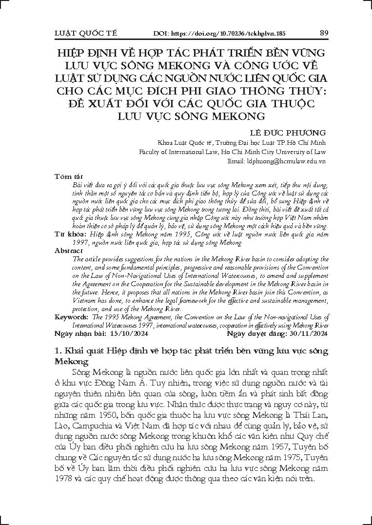 Hiệp định về Hợp tác phát triển bền vững lưu vực sông Mekong và Công ước về Luật sử dụng các nguồn nước liên quốc gia cho các mục đích phi giao thông thủy: Đề xuất đối với các quốc gia thuộc lưu vực sông Mekong