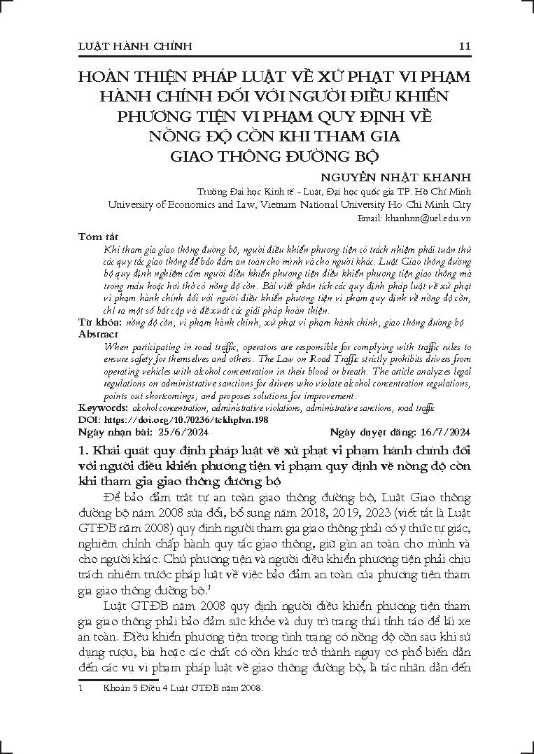 Hoàn thiện pháp luật về xử phạt vi phạm hành chính đối với người điều khiển phương tiện vi phạm quy định về nồng độ cồn khi tham gia giao thông đường bộ