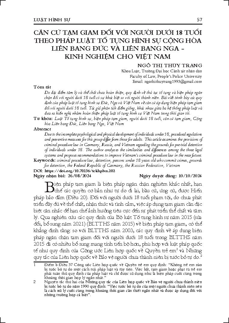 Căn cứ tạm giam đối với người dưới 18 tuổi theo pháp luật tố tụng hình sự cộng hòa Liên bang Đức và Liên bang Nga - Kinh nghiệm cho Việt Nam