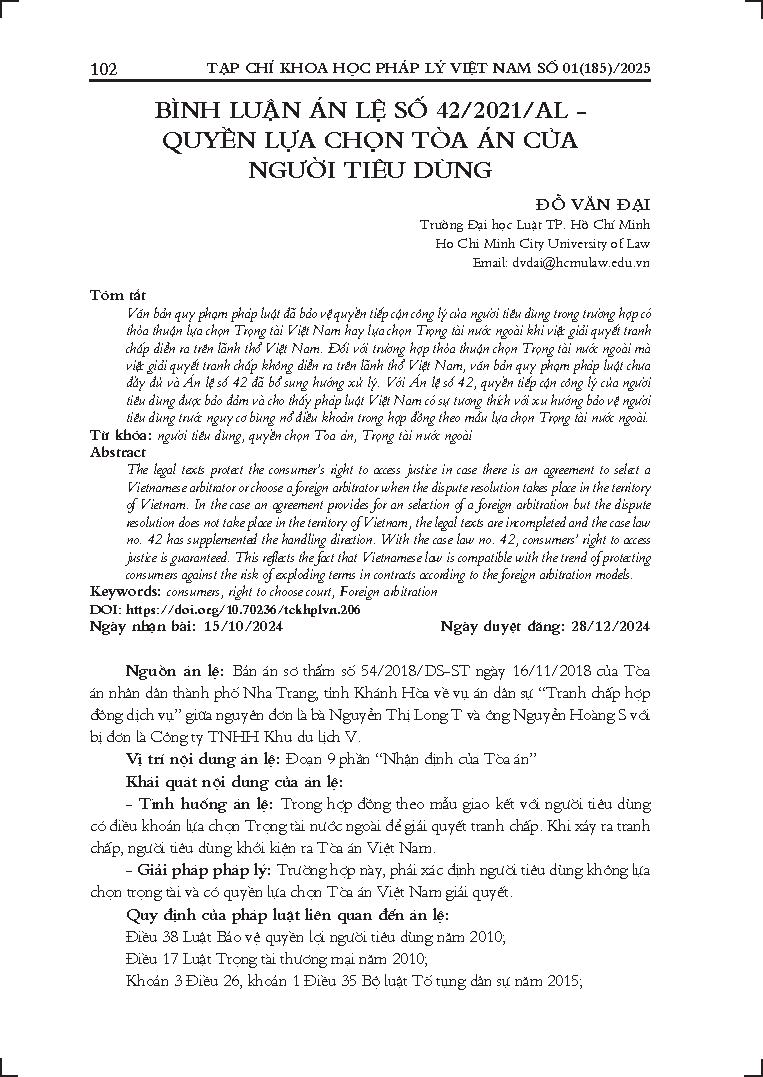 Bình luận Án lệ số 42/2021/AL-Quyền lựa chọn
Tòa án của người tiêu dùng