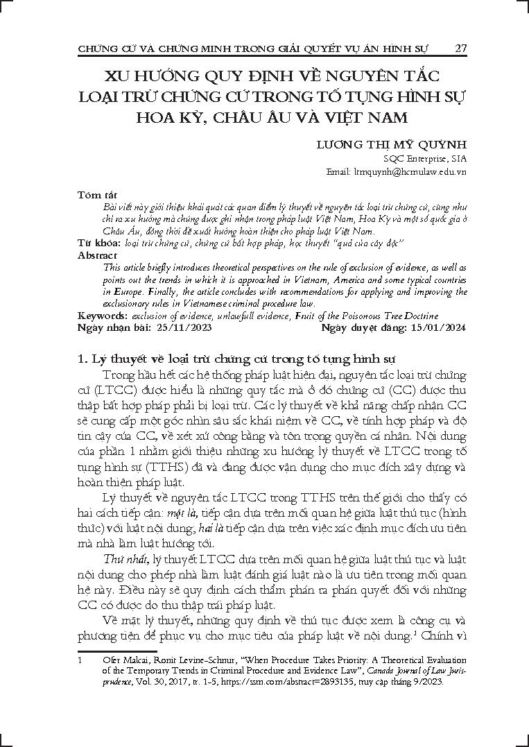 Xu hướng quy định về nguyên tắc loại trừ chứng cứ trong tố tụng hình sự Hoa Kỳ, châu Âu và Việt Nam