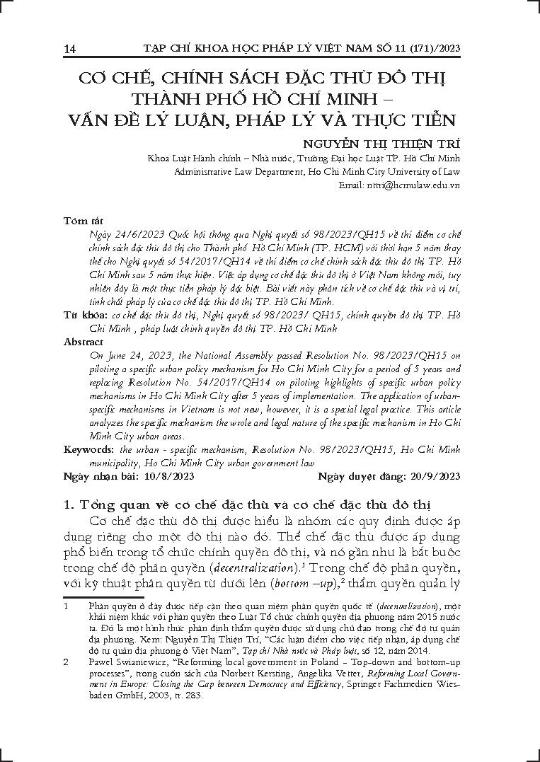 Cơ chế, chính sách đặc thù đô thị Thành phố Hồ Chí Minh - Vấn đề lý luận, pháp lý và thực tiễn