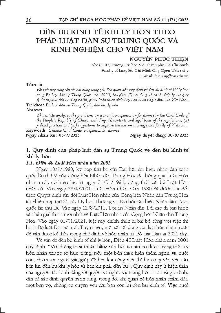 Đền bù kinh tế khi ly hôn theo pháp luật dân sự Trung Quốc và kinh nghiệm cho Việt Nam