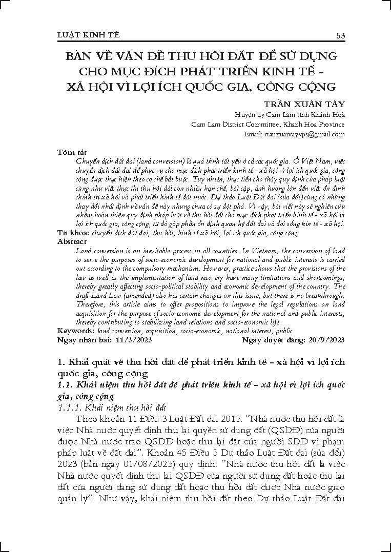 Bàn về vấn đề thu hồi đất để sử dụng cho mục đích phát triển kinh tế - xã hội vì lợi ích quốc gia, công cộng