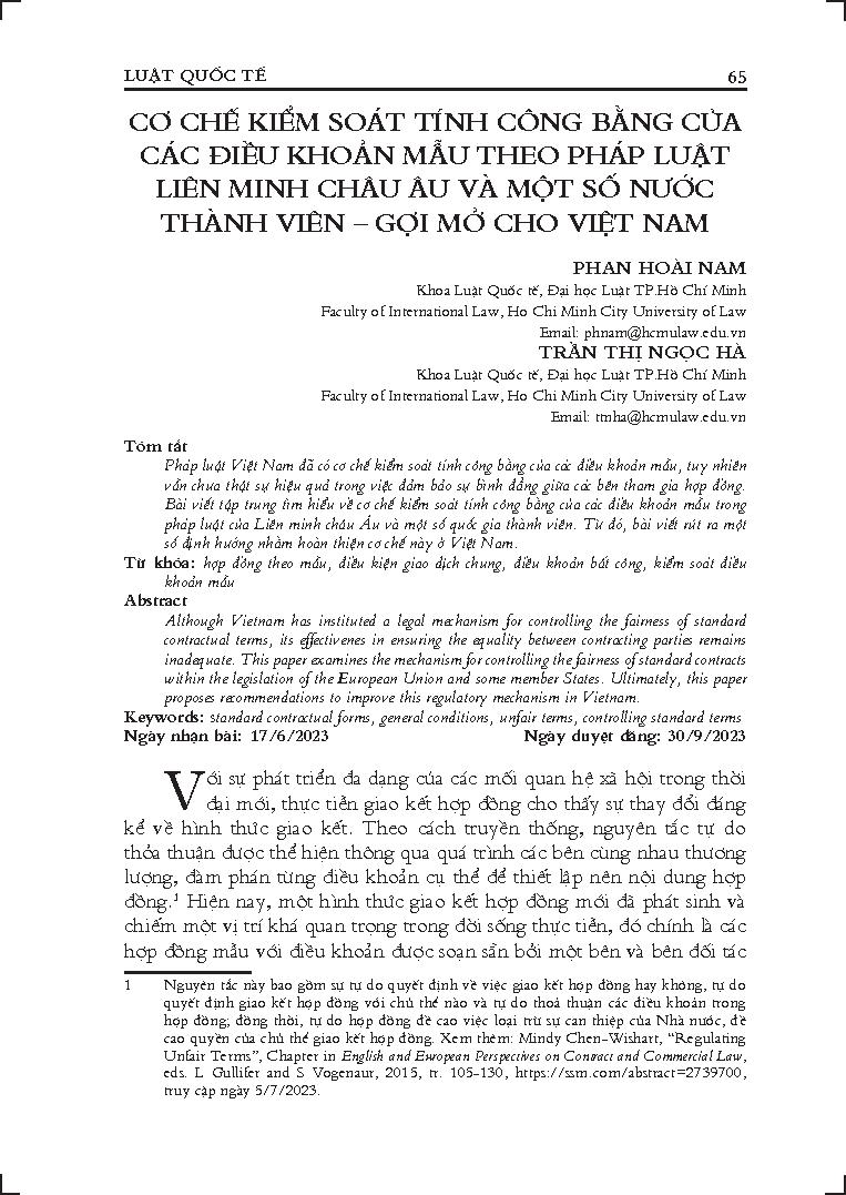 Cơ chế kiểm soát tính công bằng của các điều khoản mẫu theo pháp luật liên minh châu Âu và một số nước thành viên - Gợi mở cho Việt Nam