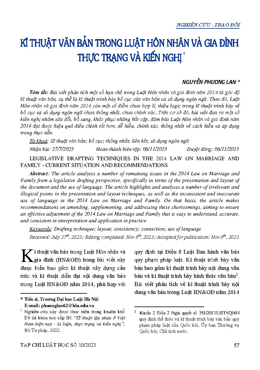 Kĩ thuật văn bản trong Luật Hôn nhân và gia đình - Thực trạng và kiến nghị