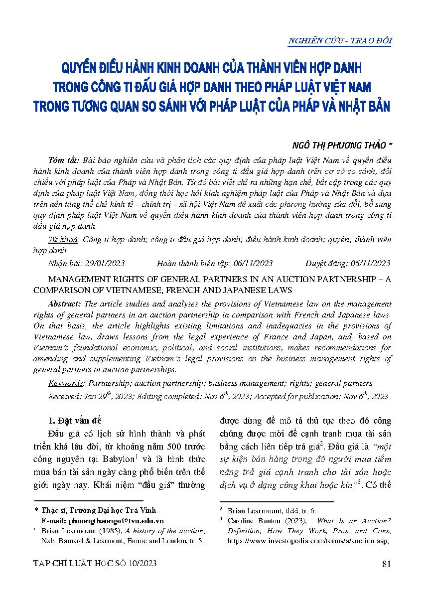 Quyền điều hành kinh doanh của thành viên hợp danh trong công ti đấu giá hợp danh theo pháp luật Việt Nam trong tương quan so sánh với pháp luật của Pháp và Nhật Bản