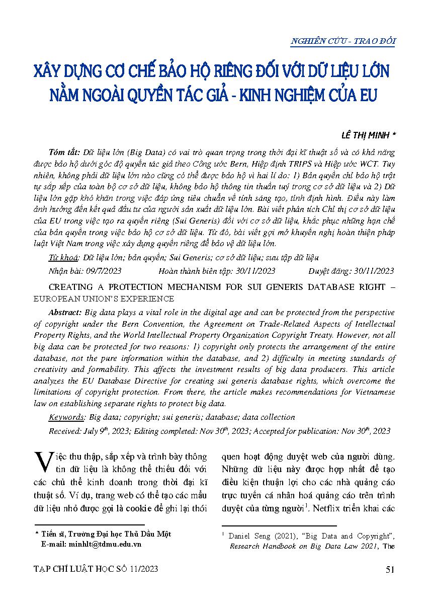 Xây dựng cơ chế bảo hộ riêng đối với dữ liệu lớn nằm ngoài quyền tác giả - Kinh nghiệm của EU