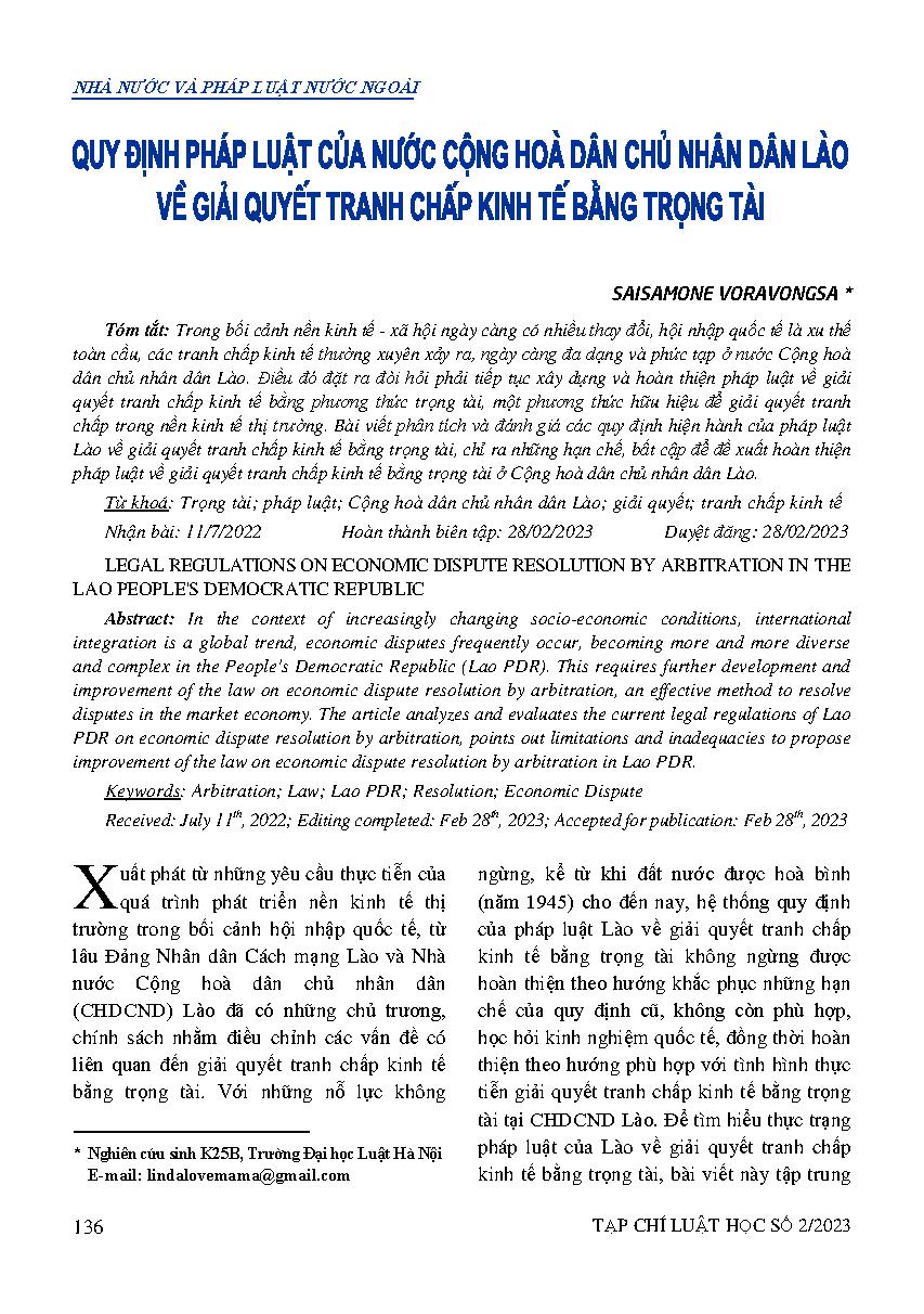 Quy định pháp luật của nước Cộng hòa dân chủ nhân dân Lào về giải quyết tranh chấp kinh tế bằng trọng tài