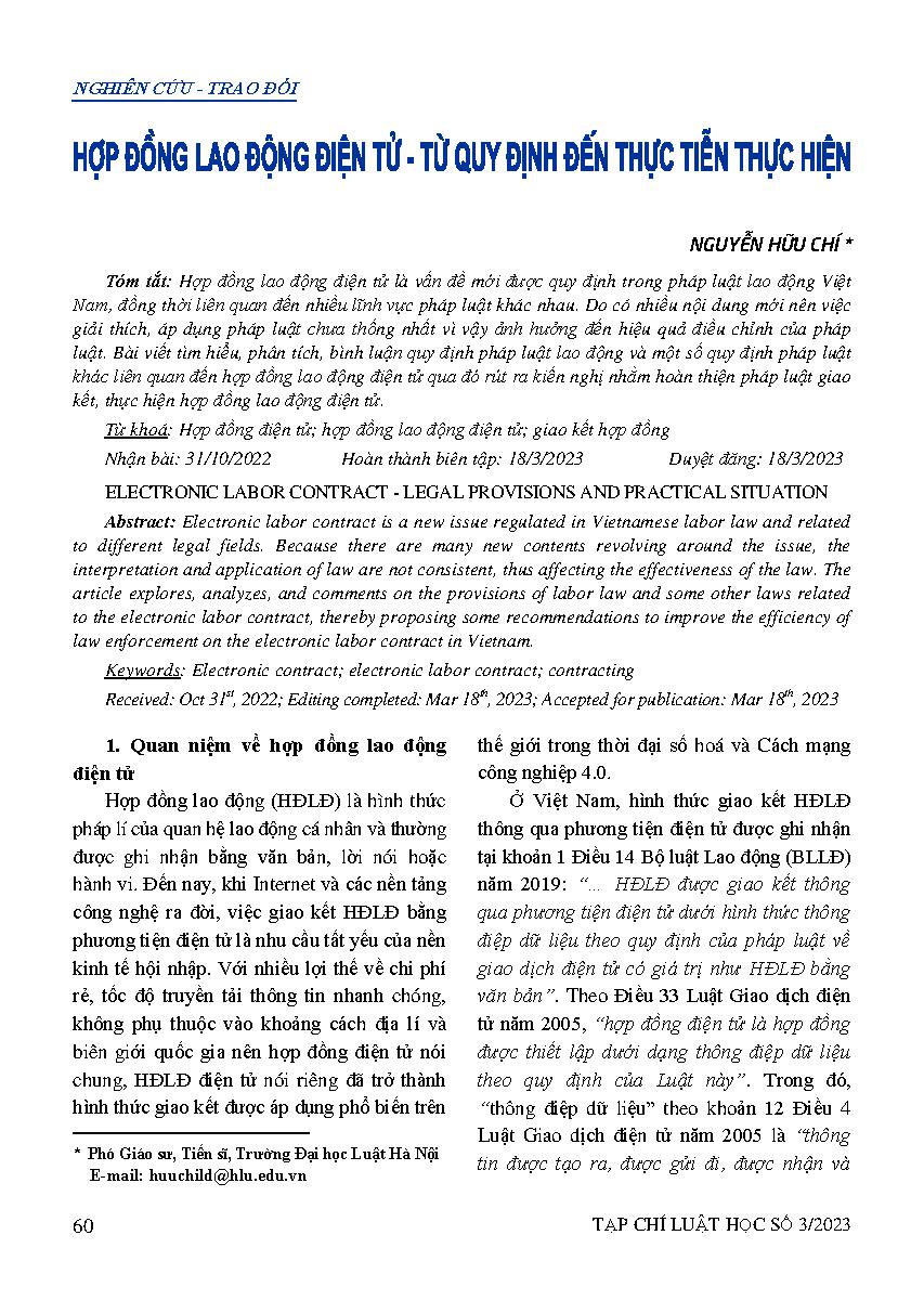 Hợp đồng lao động điện tử - Từ quy định của Dự thảo Luật Nhà ở với Bộ luật Dân sự năm 2015 và kiến nghị