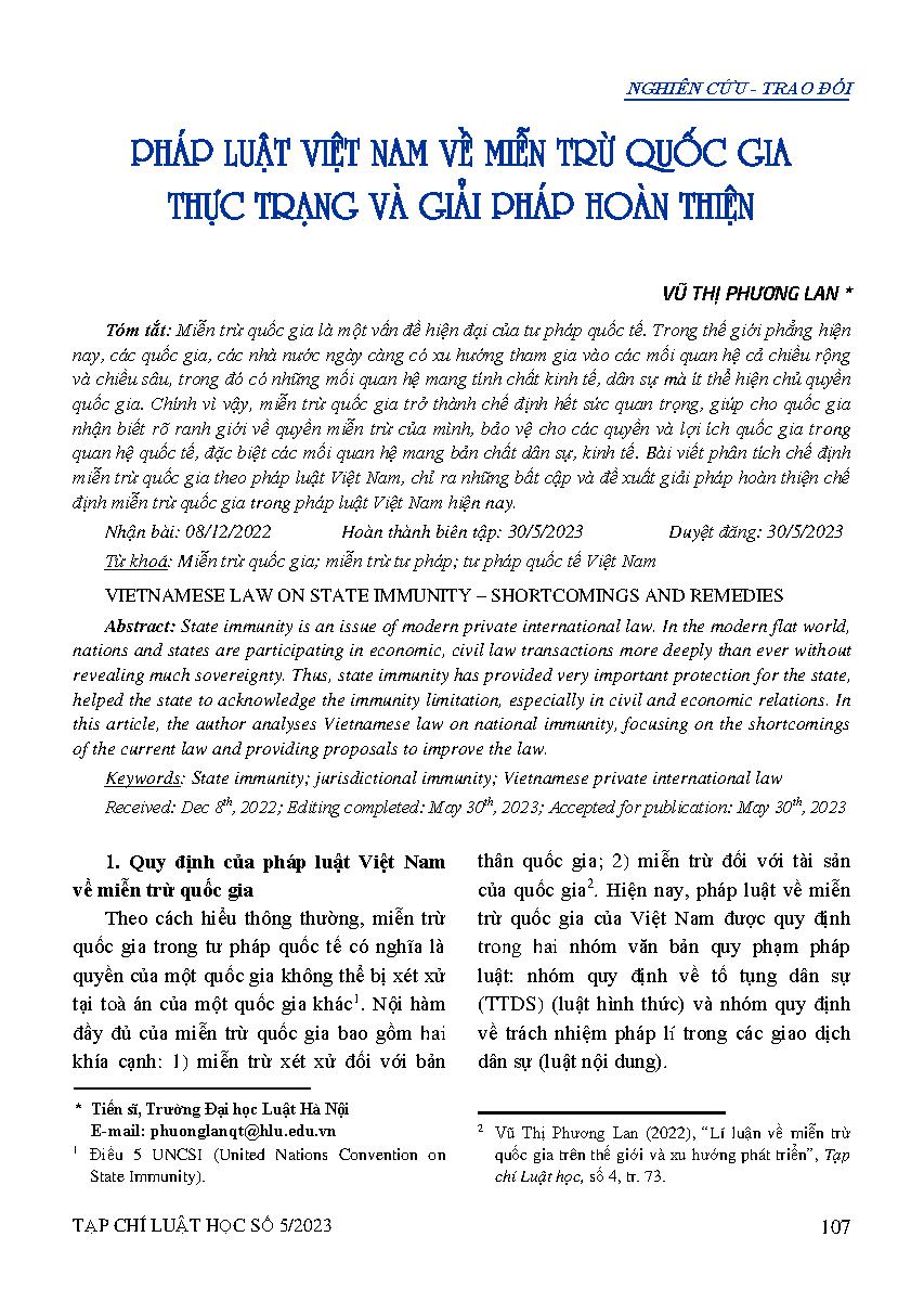 Pháp luật Việt Nam về miễn trừ quốc gia - Thực trạng và giải pháp hoàn thiện