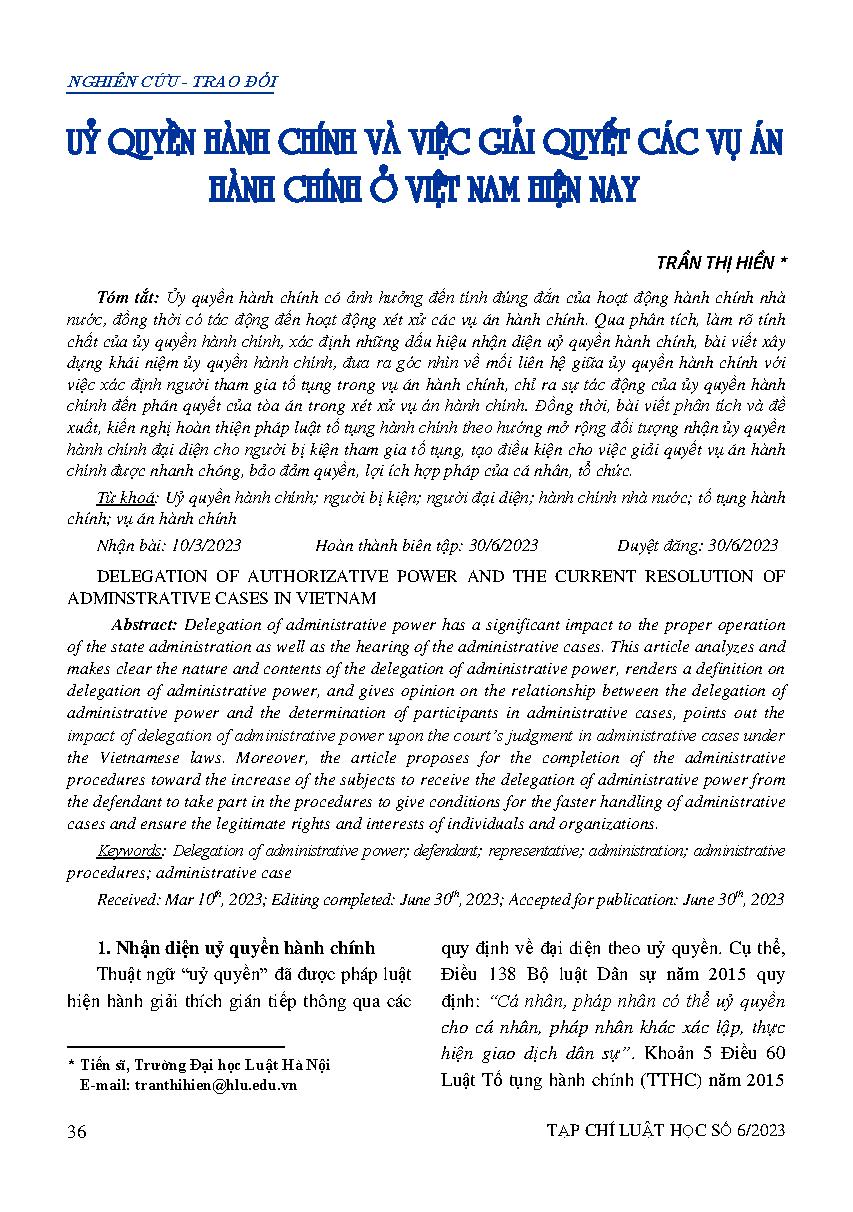Ủy quyền hành chính và việc giải quyết các vụ án hành chính ở Việt Nam hiện nay