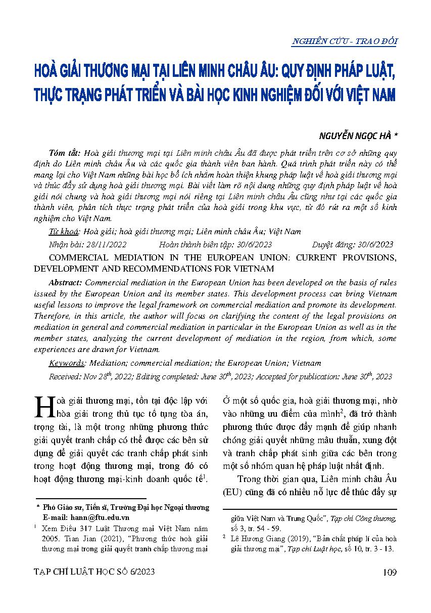 Hòa giải thương mại tại Liên minh châu Âu: quy định pháp luật, thực trạng phát triển và bài học kinh nghiệm đối với Việt Nam