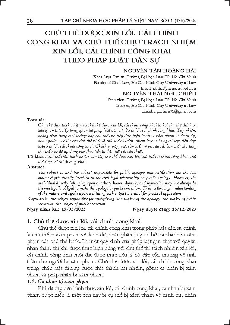 Chủ thể được xin lỗi, cải chính công khai và chủ thể chịu trách nhiệm xin lỗi, cải chính công khai theo pháp luật dân sự