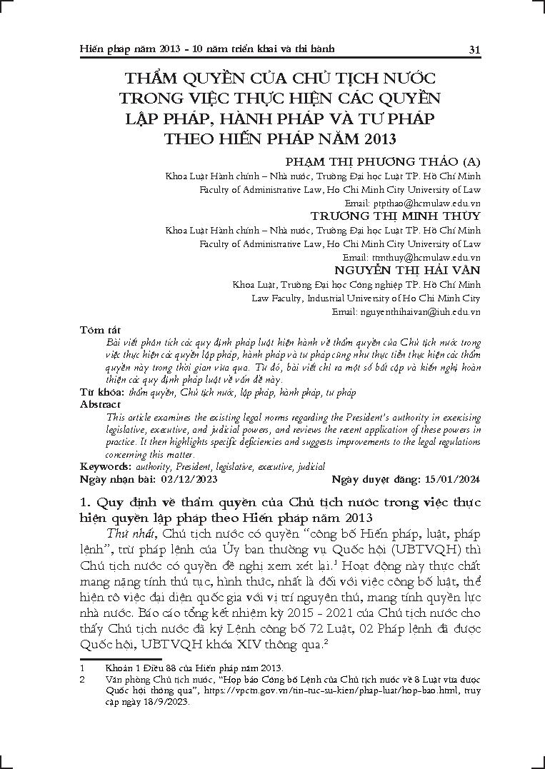 Thẩm quyền của chủ tích nước trong việc thực hiện các quyền lập pháp, hành pháp và tư pháp theo hiến pháp năm 2013