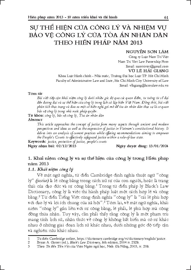 Sự thể hiện của công lý và nhiệm vụ bảo vệ công lý của toà án nhân dân theo hiến pháp năm 2013