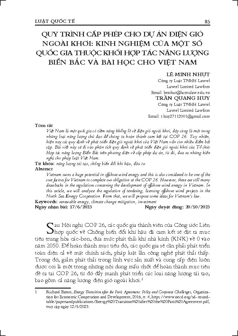 Quy trình cấp phép cho dự án điện gió ngoài khơi: Kinh nghiệm của một số quốc gia thuộc khối hợp tác năng lượng Biển Bắc và bài học cho Việt Nam 