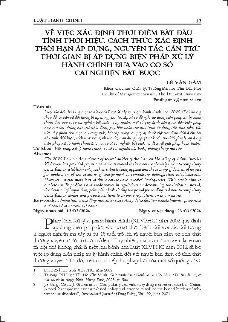 Về việc xác định thời điểm bắt đầu tính thời hiệu, cách thức xác định thời hạn áp dụng, nguyên tắc cấn trừ thời gian bị áp dụng biện pháp xử lý hành chính đưa vào cơ sở cai nghiện bắt buộc