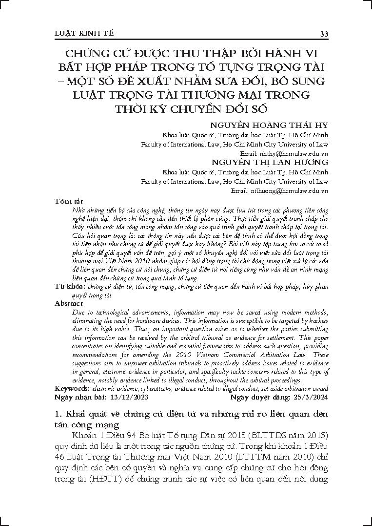 Chứng cứ được thu thập bởi hành vi bất hợp pháp trong tố tụng trọng tài - Một số đề xuất nhằm sửa đổi, bổ sung Luật Trọng tài thương mại trong thời kỳ chuyển đổi số