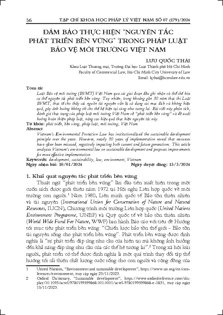 Đảm bảo thực hiện "nguyên tắc phát triển bền vững" trong pháp luật bảo vệ môi trường Việt Nam