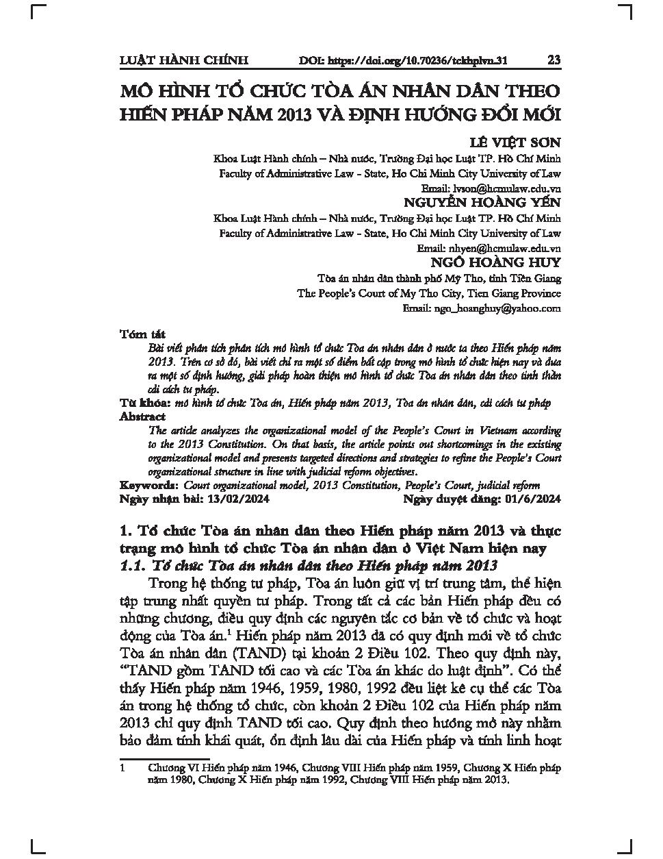 Mô hình tổ chức Tòa án nhân dân theo Hiến pháp năm 2013 và định hướng đổi mới
