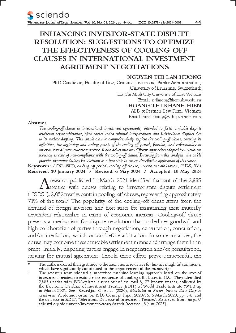 Enhancing investor-state dispute resolution: Suggestions to optimize the effectiveness of cooling-off clauses in international investment agreement negotiations