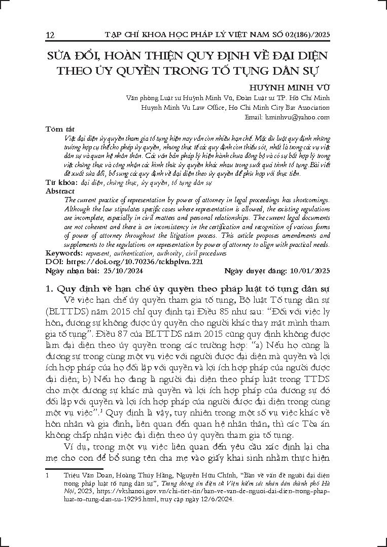 Sửa đổi, hoàn thiện quy định về đại diện theo ủy quyền trong tố tụng dân sự
