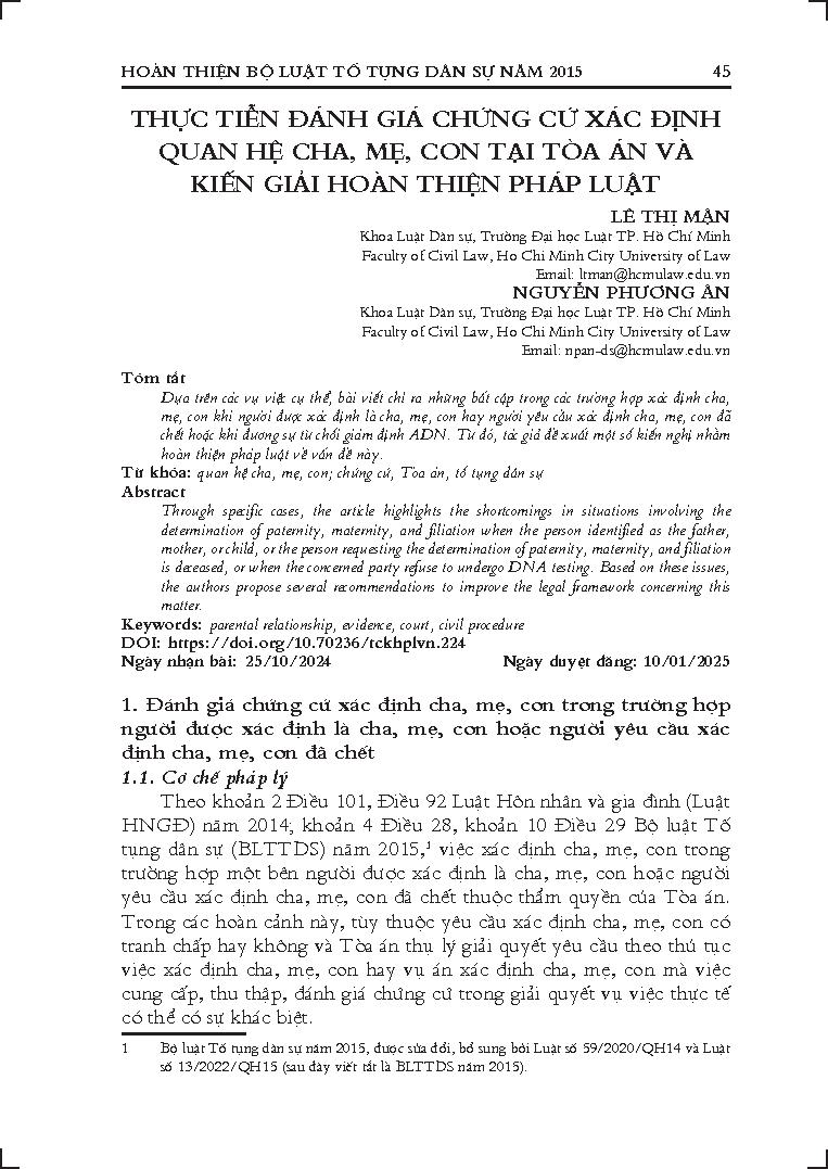 Thực tiễn đánh giá chứng cứ xác định quan hệ cha, mẹ, con tại tòa án và kiến khi giải pháp hoàn thiện pháp luật