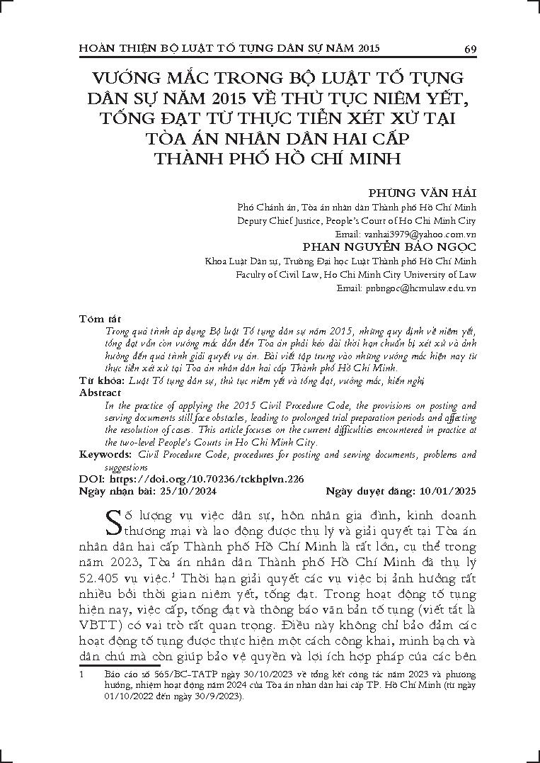 Vướng mắc trong Bộ luật Tố tụng dân sự năm 2015 về thủ tục niêm yết, tống đạt từ thực tiễn xét xử tại Tòa án nhân dân hai cấp Thành phố Hồ Chí Minh
