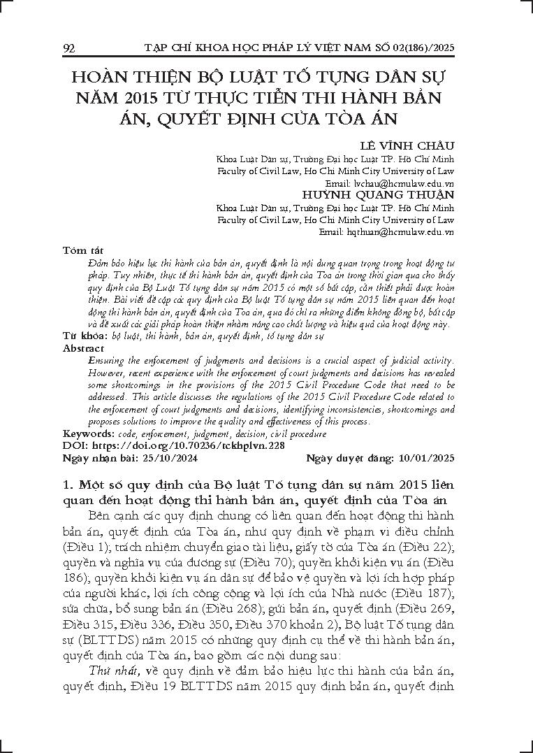 Hoàn thiện Bộ luật Tố tụng dân sự năm 2015 từ thực tiễn thi hành bản án, quyết định của Tòa án 