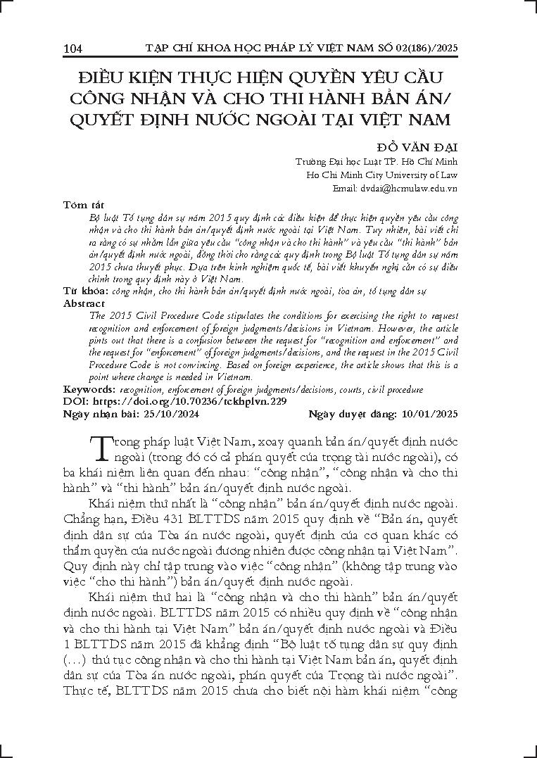 Điều kiện thực hiện quyền yêu cầu công nhận và cho thi hành bản án/quyết định nước ngoài tại Việt Nam
