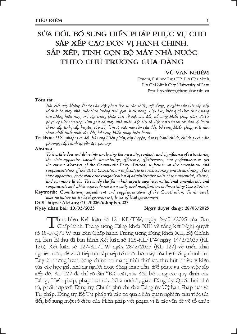 Sửa đổi, bổ sung Hiến pháp phục vụ cho sắp xếp các đơn vị hành chính, sắp xếp, tinh gọn bộ máy Nhà nước theo chủ trương của Đảng